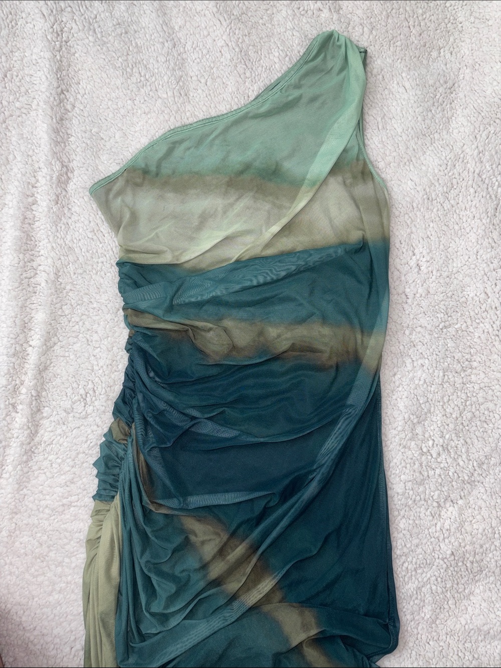 One-Shoulder Ombre Ruched Women’s Dress - Teal & Sage